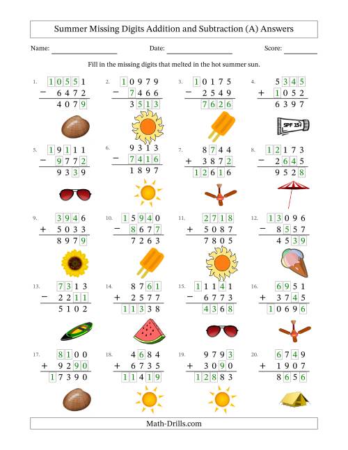 The Summer Missing Digits Addition and Subtraction (Harder Version) (All) Math Worksheet Page 2