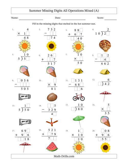 The Summer Missing Digits All Operations Mixed (Easier Version) (A) Math Worksheet
