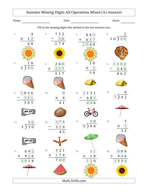 The Summer Missing Digits All Operations Mixed (Easier Version) (A) Math Worksheet Page 2