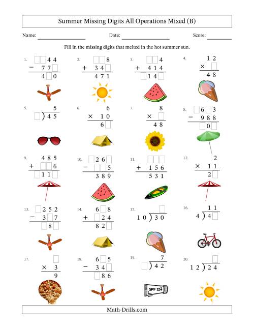 The Summer Missing Digits All Operations Mixed (Easier Version) (B) Math Worksheet