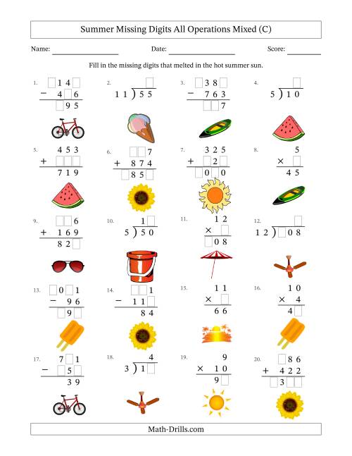 The Summer Missing Digits All Operations Mixed (Easier Version) (C) Math Worksheet
