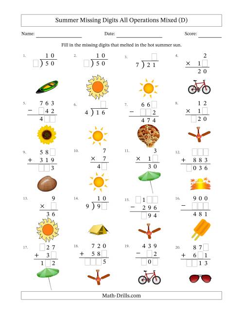 The Summer Missing Digits All Operations Mixed (Easier Version) (D) Math Worksheet