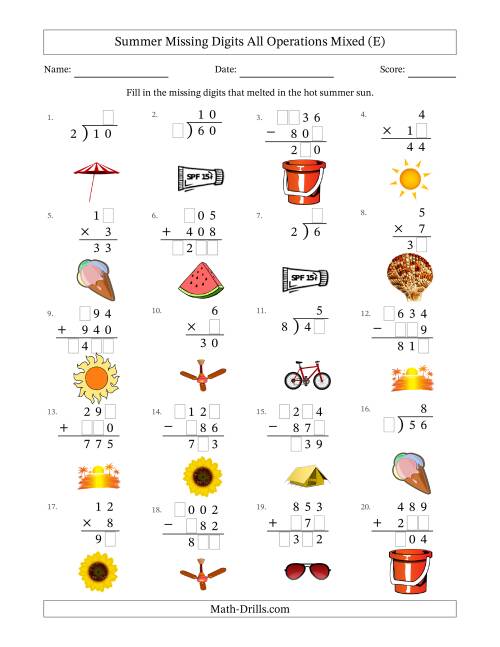 The Summer Missing Digits All Operations Mixed (Easier Version) (E) Math Worksheet