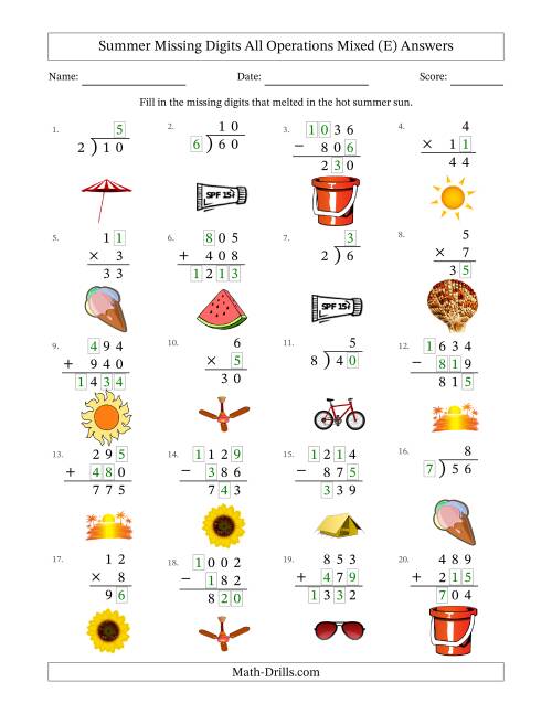 The Summer Missing Digits All Operations Mixed (Easier Version) (E) Math Worksheet Page 2