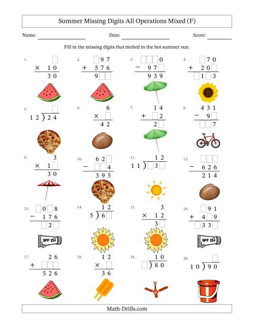 The Summer Missing Digits All Operations Mixed (Easier Version) (F) Math Worksheet