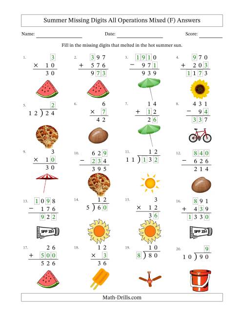 The Summer Missing Digits All Operations Mixed (Easier Version) (F) Math Worksheet Page 2