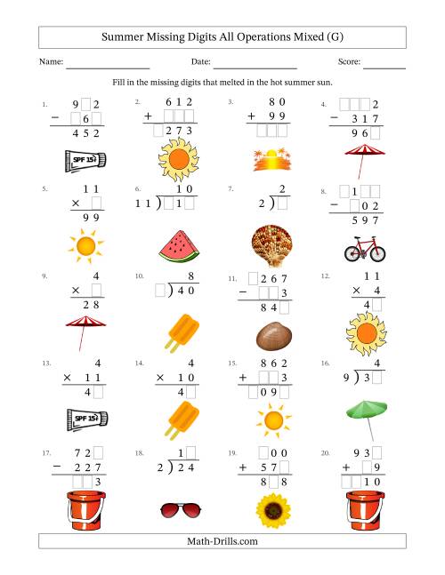 The Summer Missing Digits All Operations Mixed (Easier Version) (G) Math Worksheet