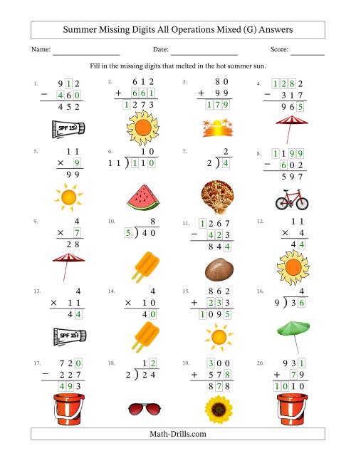The Summer Missing Digits All Operations Mixed (Easier Version) (G) Math Worksheet Page 2