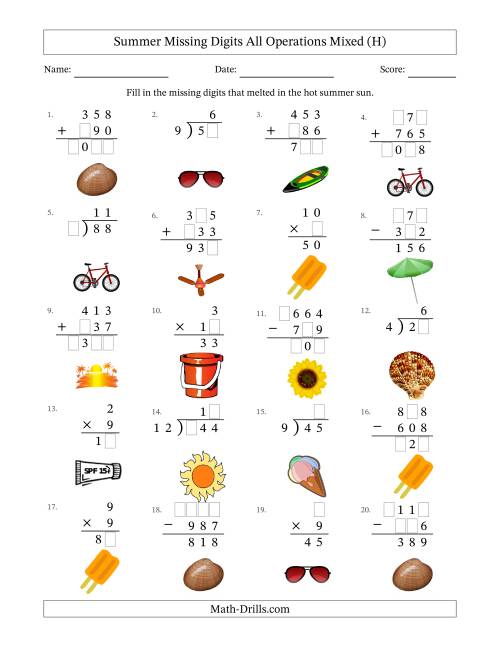 The Summer Missing Digits All Operations Mixed (Easier Version) (H) Math Worksheet
