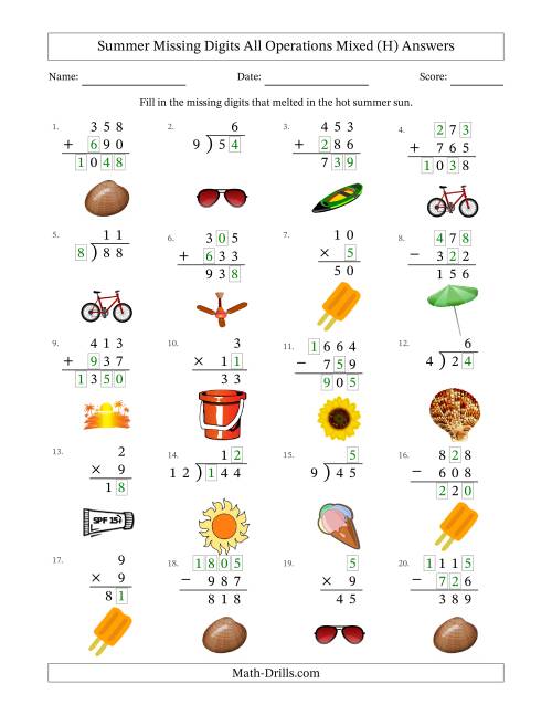 The Summer Missing Digits All Operations Mixed (Easier Version) (H) Math Worksheet Page 2