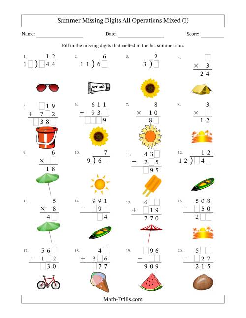 The Summer Missing Digits All Operations Mixed (Easier Version) (I) Math Worksheet