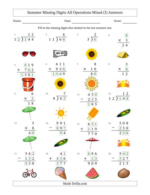 The Summer Missing Digits All Operations Mixed (Easier Version) (I) Math Worksheet Page 2