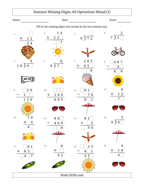 The Summer Missing Digits All Operations Mixed (Easier Version) (J) Math Worksheet