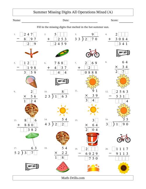 The Summer Missing Digits All Operations Mixed (Harder Version) (A) Math Worksheet