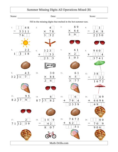 The Summer Missing Digits All Operations Mixed (Harder Version) (B) Math Worksheet