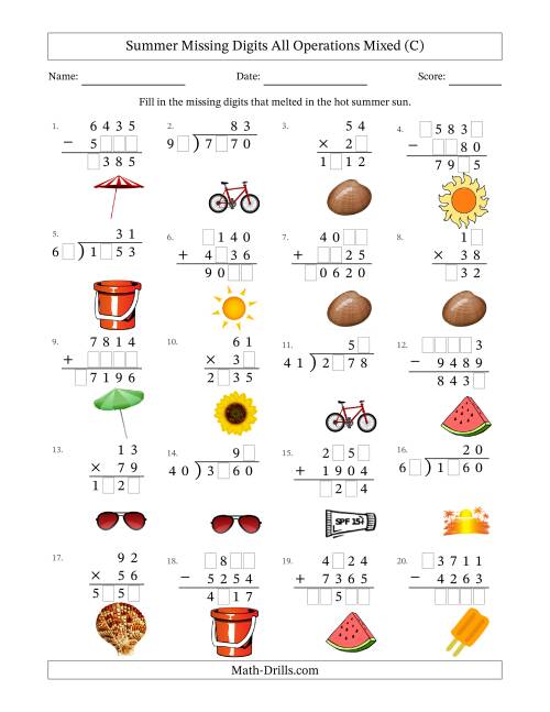 The Summer Missing Digits All Operations Mixed (Harder Version) (C) Math Worksheet