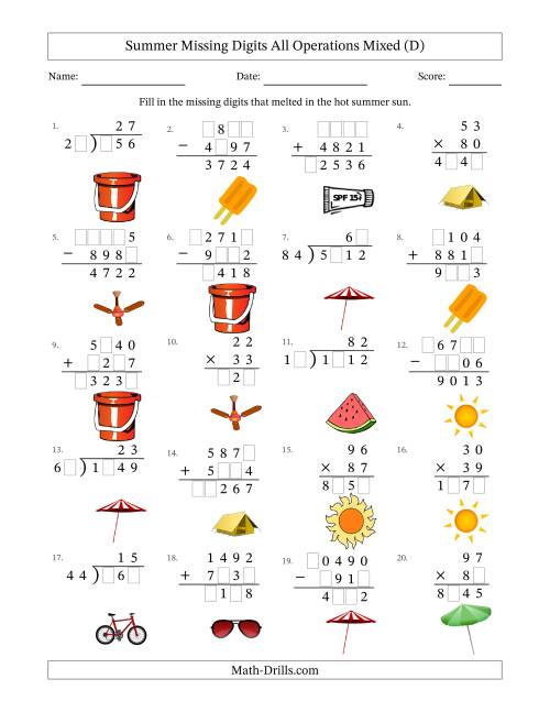The Summer Missing Digits All Operations Mixed (Harder Version) (D) Math Worksheet