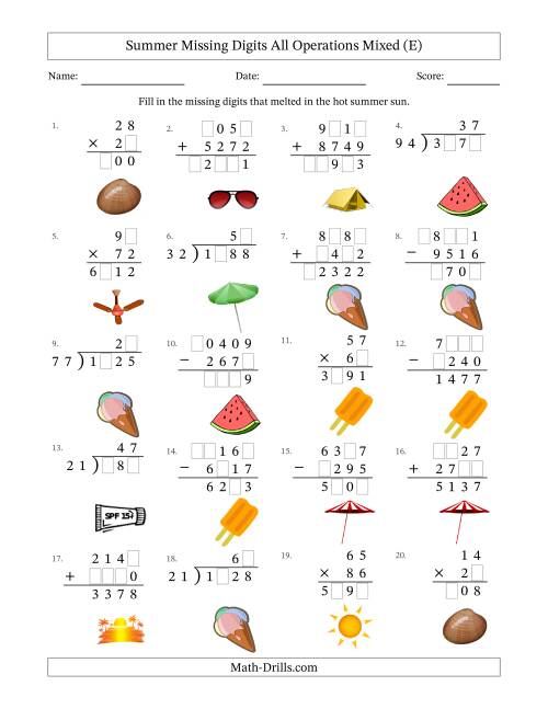 The Summer Missing Digits All Operations Mixed (Harder Version) (E) Math Worksheet