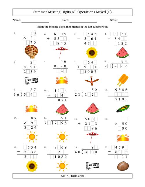 The Summer Missing Digits All Operations Mixed (Harder Version) (F) Math Worksheet