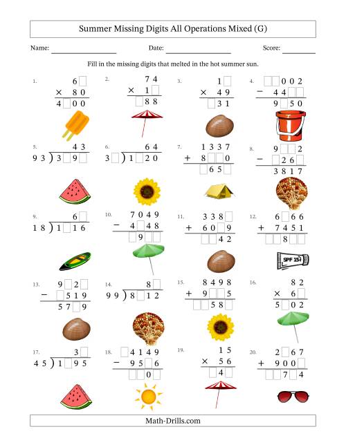 The Summer Missing Digits All Operations Mixed (Harder Version) (G) Math Worksheet