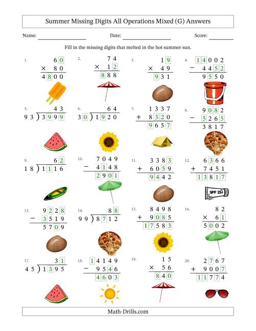 The Summer Missing Digits All Operations Mixed (Harder Version) (G) Math Worksheet Page 2