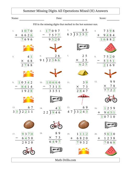The Summer Missing Digits All Operations Mixed (Harder Version) (H) Math Worksheet Page 2