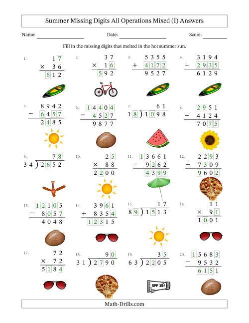 The Summer Missing Digits All Operations Mixed (Harder Version) (I) Math Worksheet Page 2
