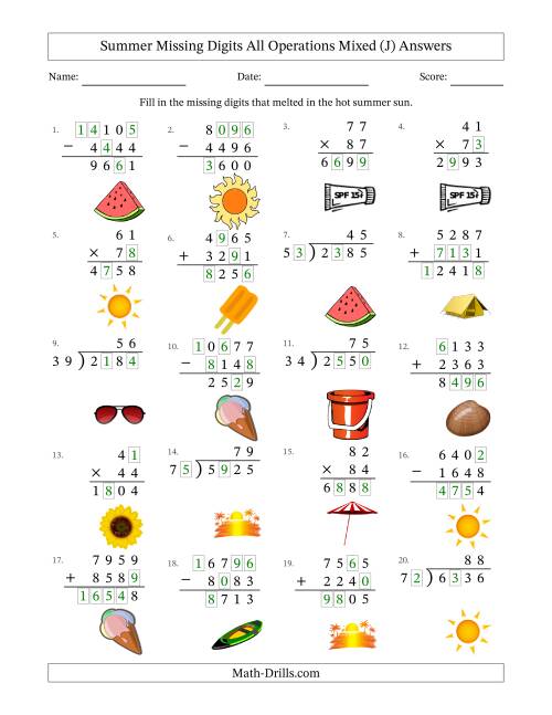 The Summer Missing Digits All Operations Mixed (Harder Version) (J) Math Worksheet Page 2