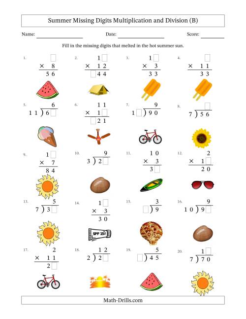 The Summer Missing Digits Multiplication and Division (Easier Version) (B) Math Worksheet