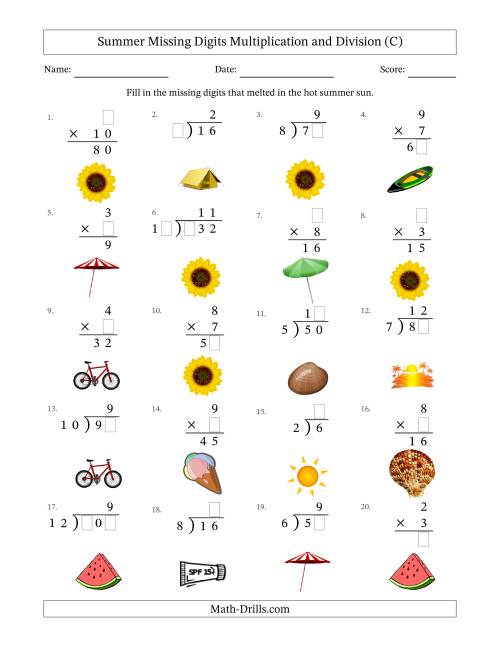 The Summer Missing Digits Multiplication and Division (Easier Version) (C) Math Worksheet