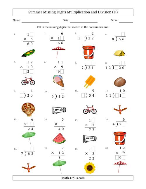 The Summer Missing Digits Multiplication and Division (Easier Version) (D) Math Worksheet