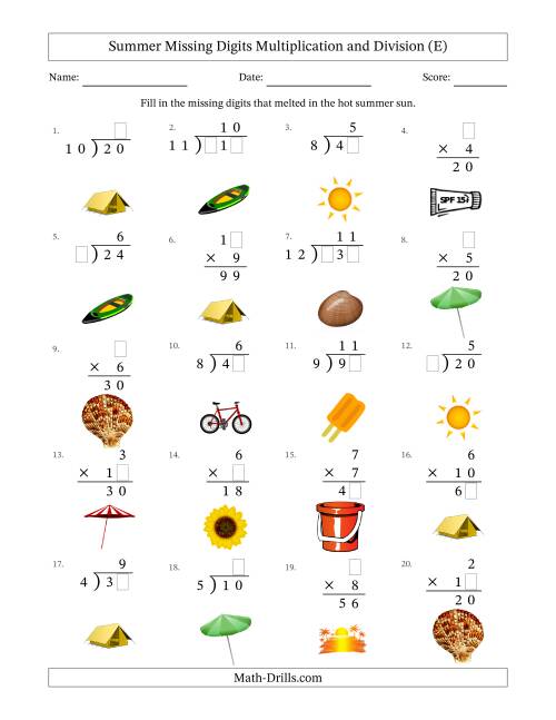 The Summer Missing Digits Multiplication and Division (Easier Version) (E) Math Worksheet
