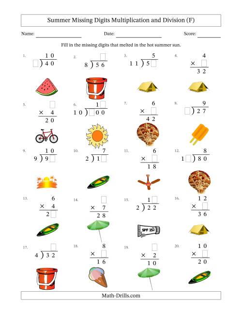 The Summer Missing Digits Multiplication and Division (Easier Version) (F) Math Worksheet