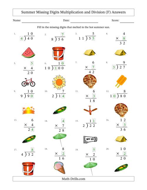 The Summer Missing Digits Multiplication and Division (Easier Version) (F) Math Worksheet Page 2