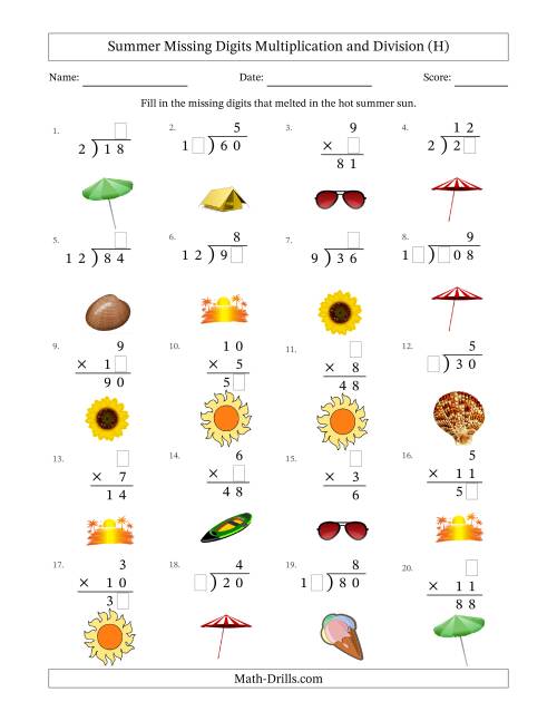The Summer Missing Digits Multiplication and Division (Easier Version) (H) Math Worksheet