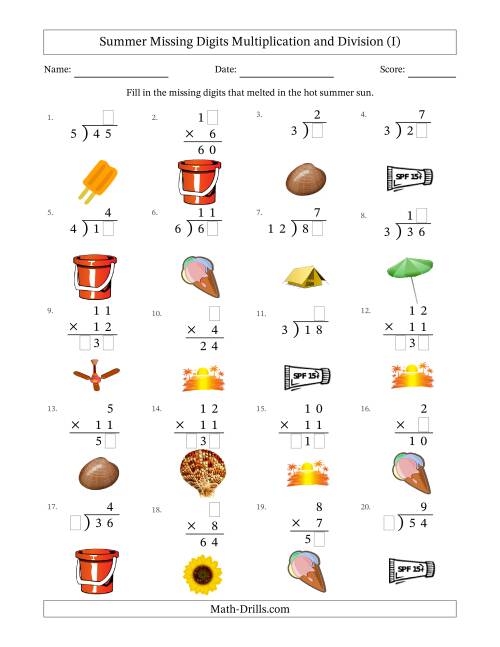 The Summer Missing Digits Multiplication and Division (Easier Version) (I) Math Worksheet