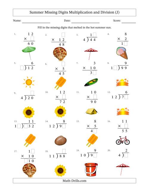The Summer Missing Digits Multiplication and Division (Easier Version) (J) Math Worksheet