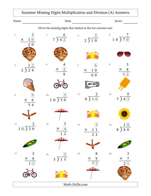 The Summer Missing Digits Multiplication and Division (Easier Version) (All) Math Worksheet Page 2