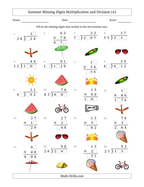 The Summer Missing Digits Multiplication and Division (Harder Version) (A) Math Worksheet