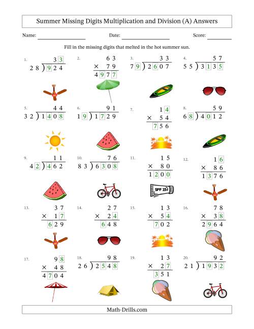 The Summer Missing Digits Multiplication and Division (Harder Version) (A) Math Worksheet Page 2