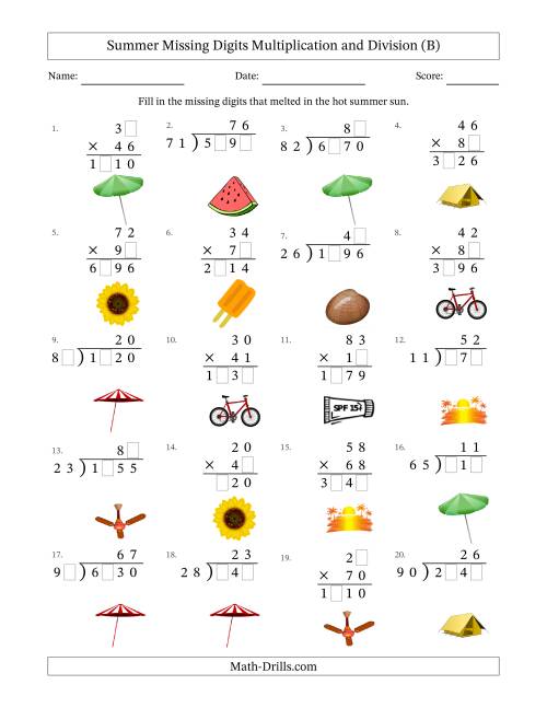 The Summer Missing Digits Multiplication and Division (Harder Version) (B) Math Worksheet