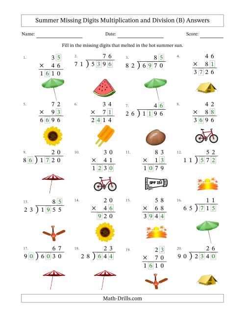 The Summer Missing Digits Multiplication and Division (Harder Version) (B) Math Worksheet Page 2