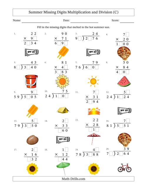 The Summer Missing Digits Multiplication and Division (Harder Version) (C) Math Worksheet