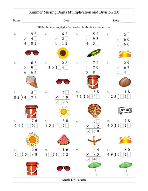 The Summer Missing Digits Multiplication and Division (Harder Version) (D) Math Worksheet