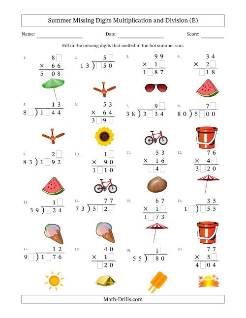 The Summer Missing Digits Multiplication and Division (Harder Version) (E) Math Worksheet