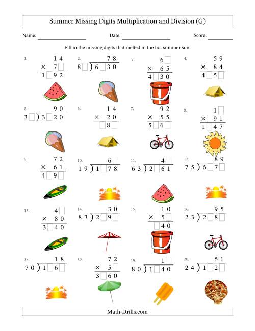 The Summer Missing Digits Multiplication and Division (Harder Version) (G) Math Worksheet