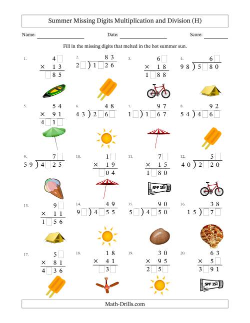 The Summer Missing Digits Multiplication and Division (Harder Version) (H) Math Worksheet