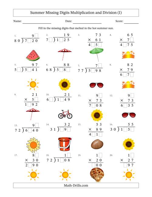 The Summer Missing Digits Multiplication and Division (Harder Version) (I) Math Worksheet