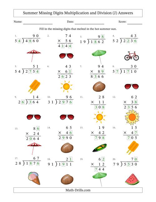 The Summer Missing Digits Multiplication and Division (Harder Version) (J) Math Worksheet Page 2