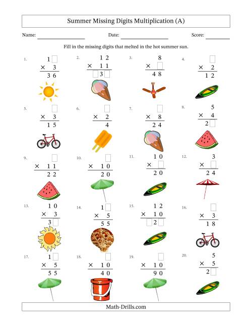 The Summer Missing Digits Multiplication (Easier Version) (A) Math Worksheet